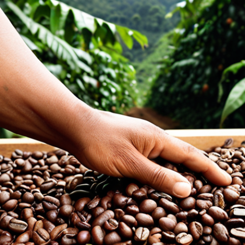 Home 23 **Ethical Sourcing Fair Trade Coffee:** Close-up shot of coffee beans being harvested by farmers, highlighting the Fair Trade certification logo. Focus on the hands of the workers and the lush green environment. Emphasize the positive impact of ethical sourcing on the community. "Fair Trade" logo visibly present.