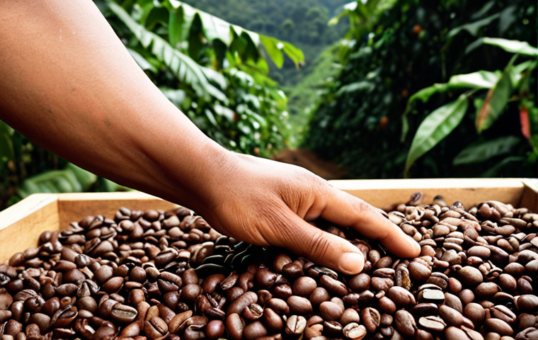 **Ethical Sourcing Fair Trade Coffee:** Close-up shot of coffee beans being harvested by farmers, highlighting the Fair Trade certification logo. Focus on the hands of the workers and the lush green environment. Emphasize the positive impact of ethical sourcing on the community. "Fair Trade" logo visibly present.