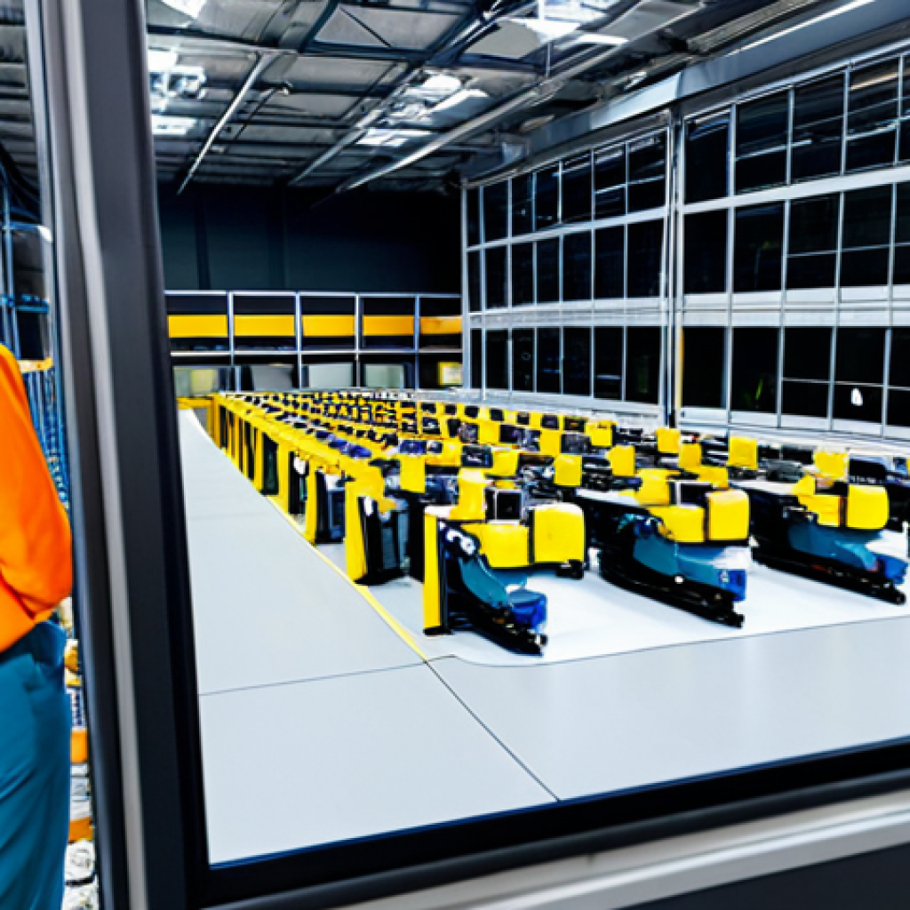 A professional female supply chain manager in a modest business attire, fully clothed, observing the operations in a highly automated, clean, and modern warehouse. Advanced robotics are visible, with robotic arms sorting packages and automated guided vehicles (AGVs) moving efficiently. Large data screens display real-time logistics analytics and interconnected system dashboards in the background. She has a confident and focused expression. High-resolution professional photography, cinematic lighting, sharp focus, perfect anatomy, correct proportions, natural pose, well-formed hands, proper finger count, natural body proportions, safe for work, appropriate content, fully clothed, professional, modest.