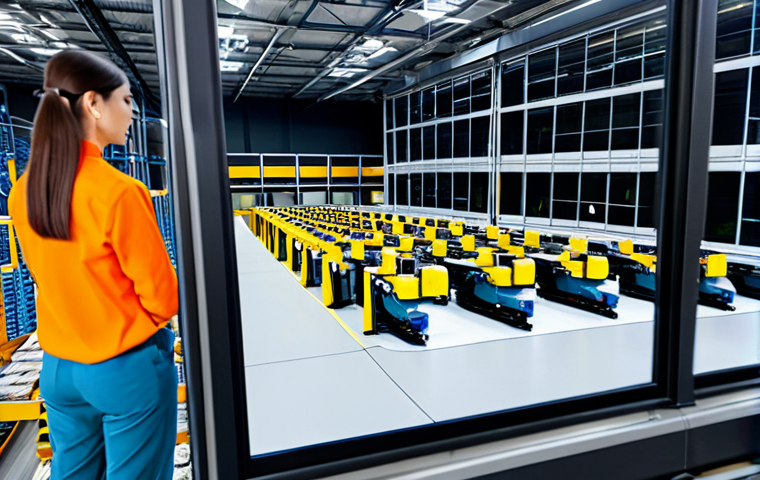 A professional female supply chain manager in a modest business attire, fully clothed, observing the operations in a highly automated, clean, and modern warehouse. Advanced robotics are visible, with robotic arms sorting packages and automated guided vehicles (AGVs) moving efficiently. Large data screens display real-time logistics analytics and interconnected system dashboards in the background. She has a confident and focused expression. High-resolution professional photography, cinematic lighting, sharp focus, perfect anatomy, correct proportions, natural pose, well-formed hands, proper finger count, natural body proportions, safe for work, appropriate content, fully clothed, professional, modest.