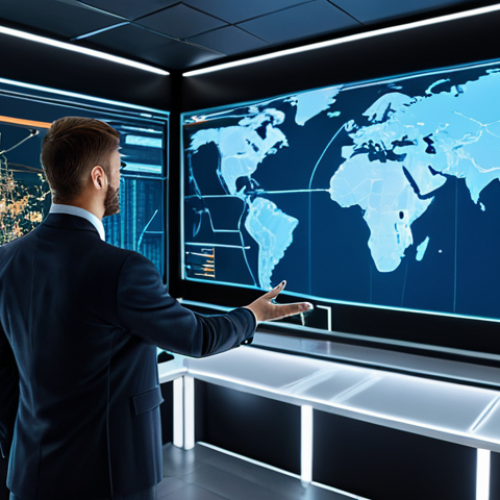 Home 9 A professional logistics expert, dressed in a modest business suit, stands in a high-tech control room, attentively interacting with holographic projections of complex global supply chain data. The visualizations display dynamic real-time routes, predictive analytics powered by AI, and transparent IoT data streams, all indicating optimized flow and diversified sources. The background features sleek, modern computer interfaces and a large monitor showing a world map with interconnected logistics hubs. Perfect anatomy, correct proportions, natural pose, well-formed hands, proper finger count, natural body proportions. Professional photography, high quality, safe for work, appropriate content, fully clothed, professional dress.