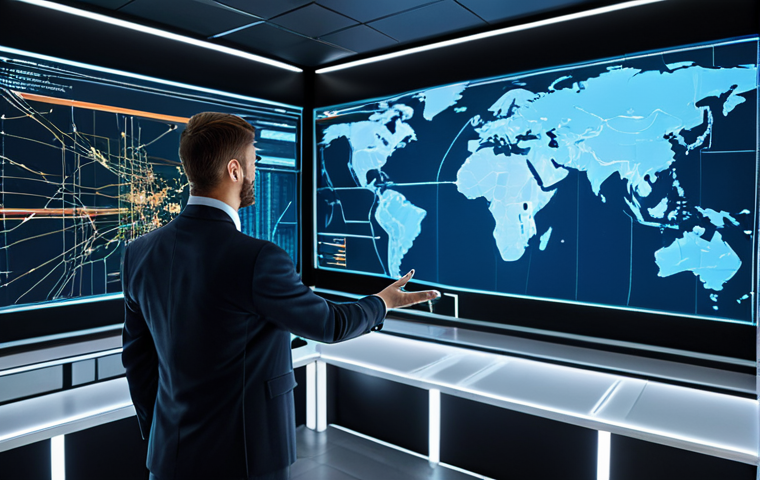 A professional logistics expert, dressed in a modest business suit, stands in a high-tech control room, attentively interacting with holographic projections of complex global supply chain data. The visualizations display dynamic real-time routes, predictive analytics powered by AI, and transparent IoT data streams, all indicating optimized flow and diversified sources. The background features sleek, modern computer interfaces and a large monitor showing a world map with interconnected logistics hubs. Perfect anatomy, correct proportions, natural pose, well-formed hands, proper finger count, natural body proportions. Professional photography, high quality, safe for work, appropriate content, fully clothed, professional dress.