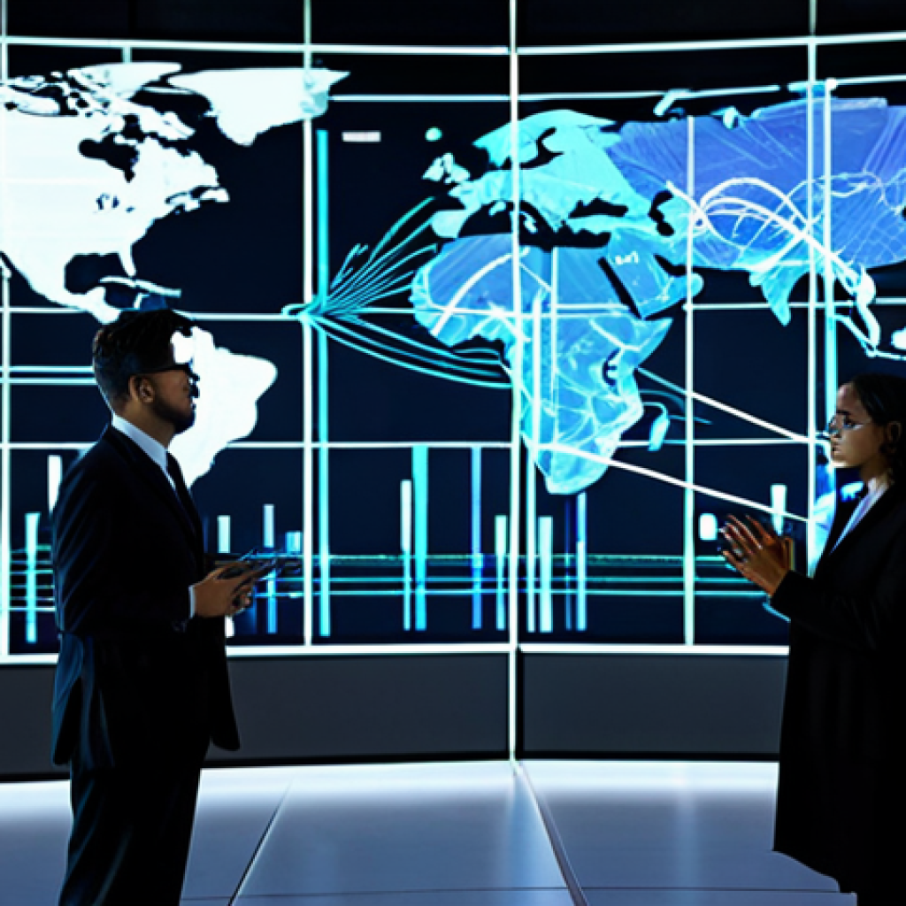 A diverse group of business professionals, fully clothed in modern, professional attire, standing collaboratively in a high-tech logistics control center. The background features holographic projections of a global supply chain map, data analytics dashboards displaying real-time information, and subtle glowing lines representing interconnected networks. The scene emphasizes seamless data flow, AI optimization, and strategic decision-making for supply chain resilience. The subjects demonstrate perfect anatomy, correct proportions, and a natural pose with well-formed hands and proper finger count. The overall image is high quality, professional photography, appropriate content, safe for work, and family-friendly.