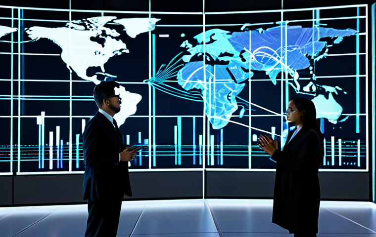 A diverse group of business professionals, fully clothed in modern, professional attire, standing collaboratively in a high-tech logistics control center. The background features holographic projections of a global supply chain map, data analytics dashboards displaying real-time information, and subtle glowing lines representing interconnected networks. The scene emphasizes seamless data flow, AI optimization, and strategic decision-making for supply chain resilience. The subjects demonstrate perfect anatomy, correct proportions, and a natural pose with well-formed hands and proper finger count. The overall image is high quality, professional photography, appropriate content, safe for work, and family-friendly.