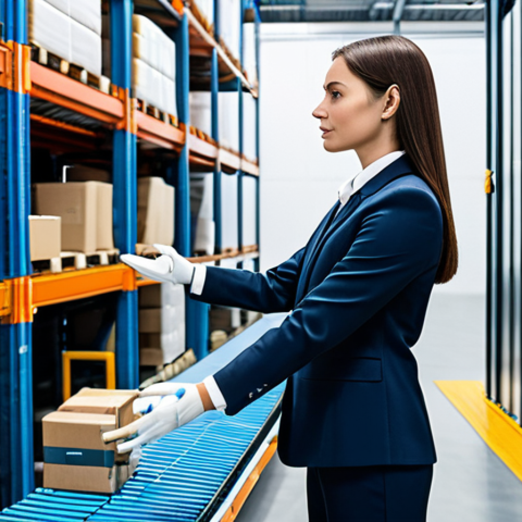 A professional female logistics manager in a modest business suit, standing in a highly automated, modern warehouse. Autonomous robots and drones efficiently sort and scan packages, moving along advanced conveyor systems and towering shelves. The manager has perfect anatomy, correct proportions, natural pose, well-formed hands, and proper finger count, reflecting natural body proportions. The scene is fully clothed, appropriate attire, professional dress, safe for work, appropriate content, professional photography, high quality.