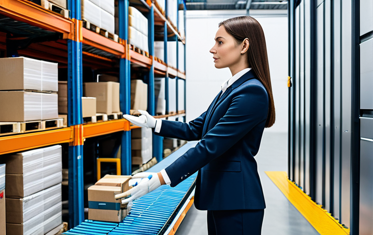 A professional female logistics manager in a modest business suit, standing in a highly automated, modern warehouse. Autonomous robots and drones efficiently sort and scan packages, moving along advanced conveyor systems and towering shelves. The manager has perfect anatomy, correct proportions, natural pose, well-formed hands, and proper finger count, reflecting natural body proportions. The scene is fully clothed, appropriate attire, professional dress, safe for work, appropriate content, professional photography, high quality.
