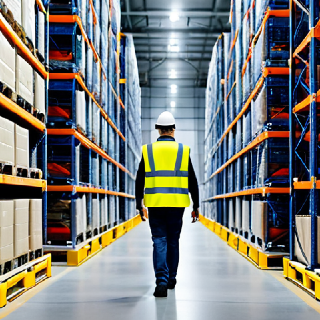 **

"A modern, automated warehouse interior in Poland. Robots efficiently move pallets under the supervision of a worker wearing a safety vest. Shelves are stacked high with neatly organized goods. Soft, diffused lighting. Focus on technology and organization. Safe for work, appropriate content, fully clothed, professional, perfect anatomy, natural proportions, high quality, digital art."

**