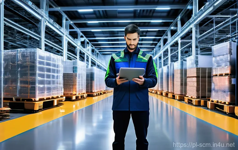 공급망관리와 다양한 산업의 협업 사례 - **Prompt:** "A brightly lit, futuristic logistics warehouse with high ceilings and advanced infrastr...