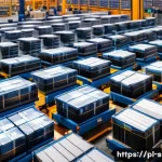 공급망관리와 비용 절감 전략 - A modern logistics warehouse interior bustling with activity, featuring workers wearing uniforms and...