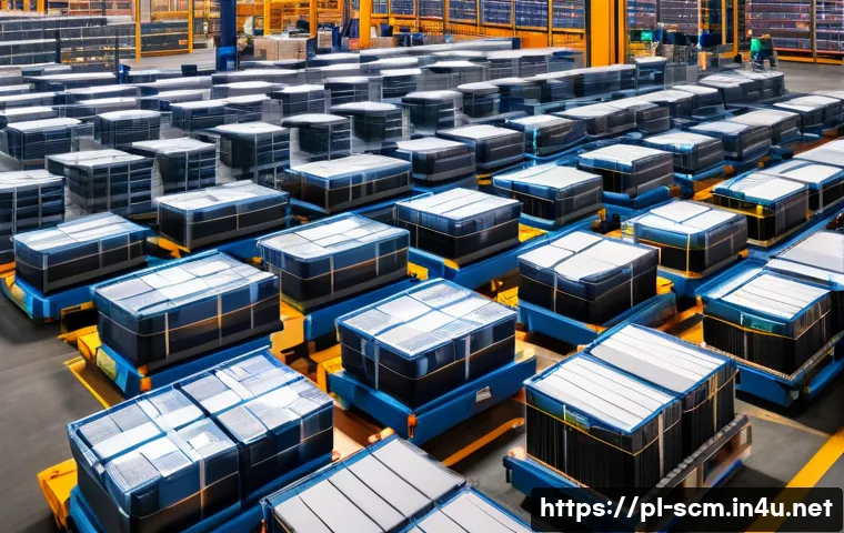 공급망관리와 비용 절감 전략 - A modern logistics warehouse interior bustling with activity, featuring workers wearing uniforms and...