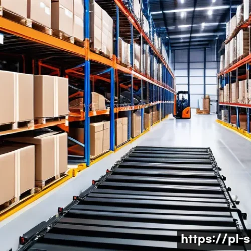 공급망관리 실무 프로세스 최적화 - A modern warehouse interior showcasing advanced automation technologies: robotic forklifts moving pa...