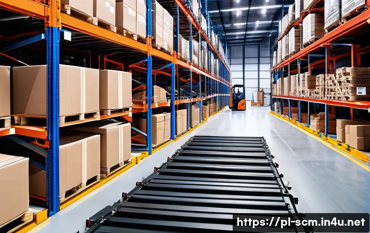공급망관리 실무 프로세스 최적화 - A modern warehouse interior showcasing advanced automation technologies: robotic forklifts moving pa...