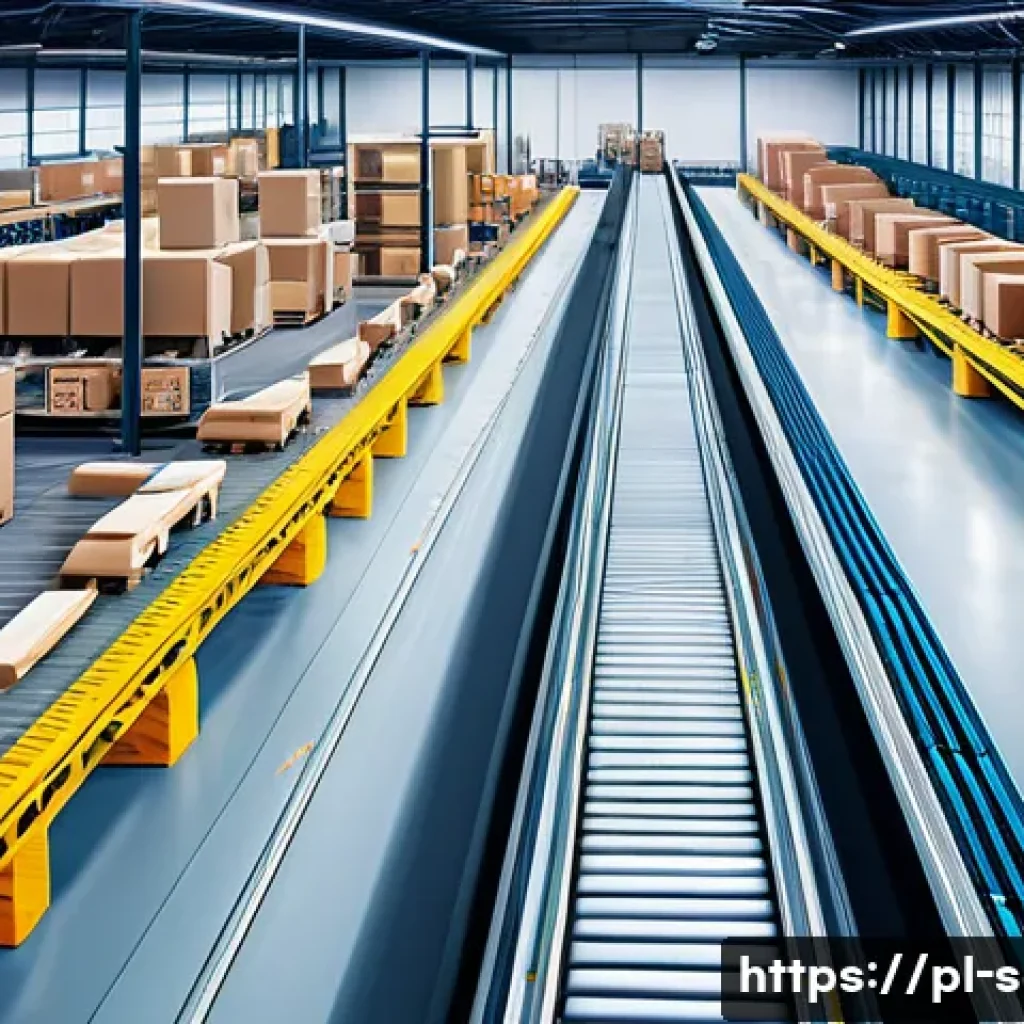 SCM 실무에서의 성공 전략 - A modern warehouse interior showcasing automated supply chain management: sleek conveyor belts trans...