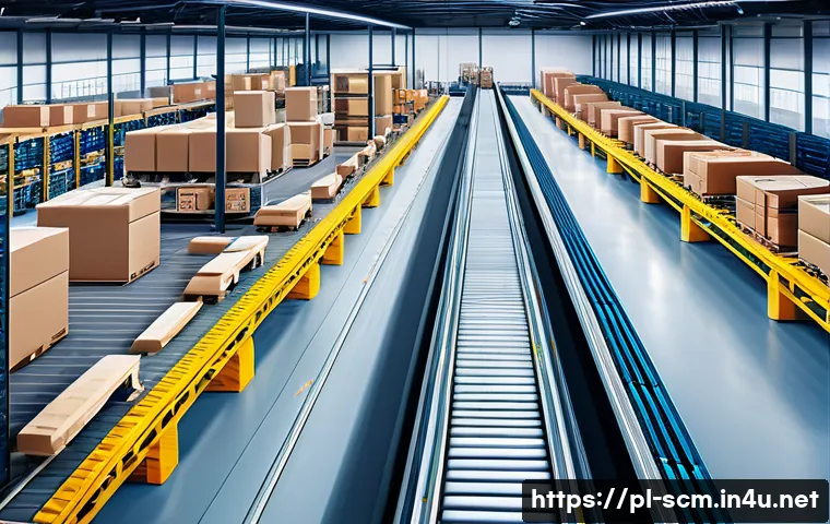 SCM 실무에서의 성공 전략 - A modern warehouse interior showcasing automated supply chain management: sleek conveyor belts trans...