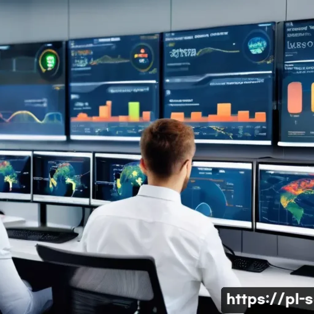 SCM에서의 데이터 시각화 기법 - A high-tech logistics control room showing a large interactive digital dashboard with real-time data...