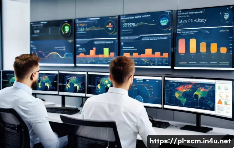 SCM에서의 데이터 시각화 기법 - A high-tech logistics control room showing a large interactive digital dashboard with real-time data...