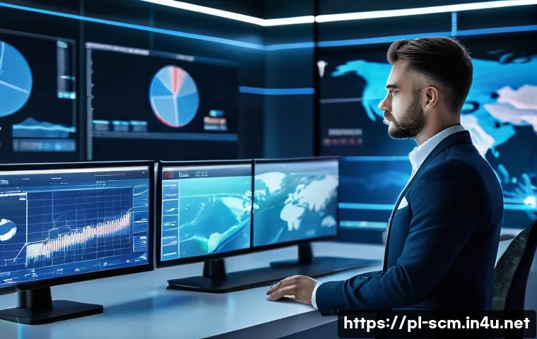 공급망관리에서의 민첩성 전략 - A modern logistics control room showcasing a large digital dashboard displaying real-time global sup...