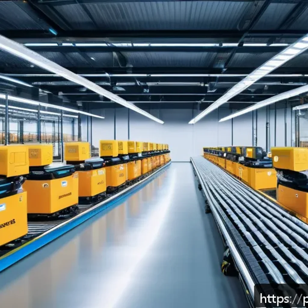 공급망관리 관련 컨퍼런스와 이벤트 - A modern logistics warehouse interior showcasing advanced automation technology: robotic arms effici...