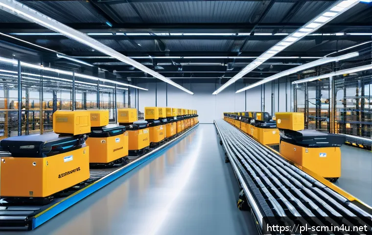 공급망관리 관련 컨퍼런스와 이벤트 - A modern logistics warehouse interior showcasing advanced automation technology: robotic arms effici...