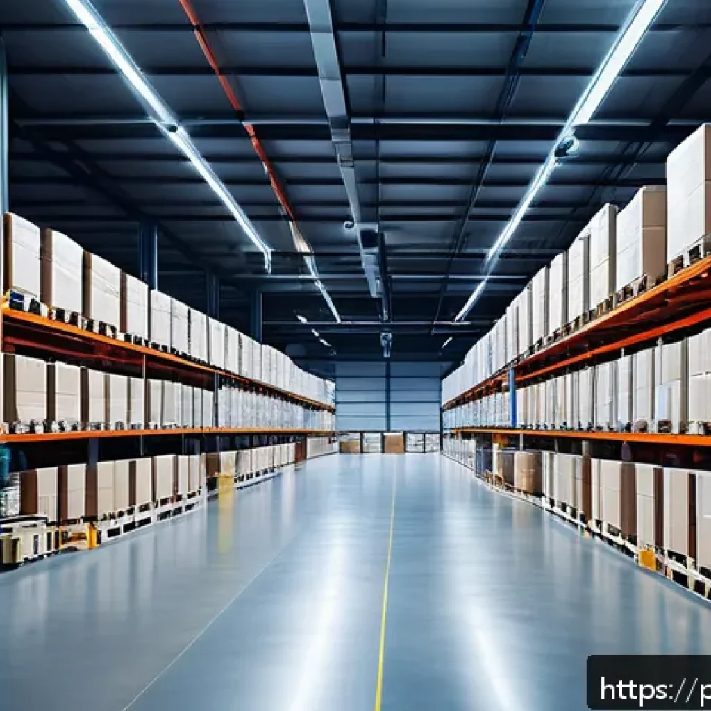 공급망관리에서의 프로세스 개선 - A modern warehouse interior showcasing automated supply chain management: robotic arms and conveyor ...