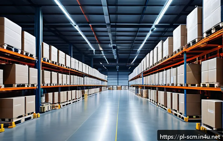 공급망관리에서의 프로세스 개선 - A modern warehouse interior showcasing automated supply chain management: robotic arms and conveyor ...