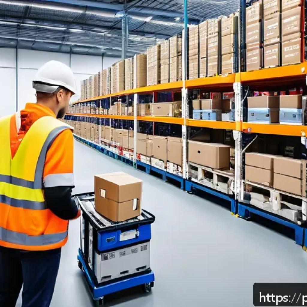 공급망관리의 디지털 전환 사례 연구 - A modern Polish logistics warehouse interior featuring advanced automation technology: robotic arms ...