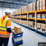 공급망관리의 디지털 전환 사례 연구 - A modern Polish logistics warehouse interior featuring advanced automation technology: robotic arms ...