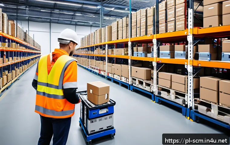 공급망관리의 디지털 전환 사례 연구 - A modern Polish logistics warehouse interior featuring advanced automation technology: robotic arms ...