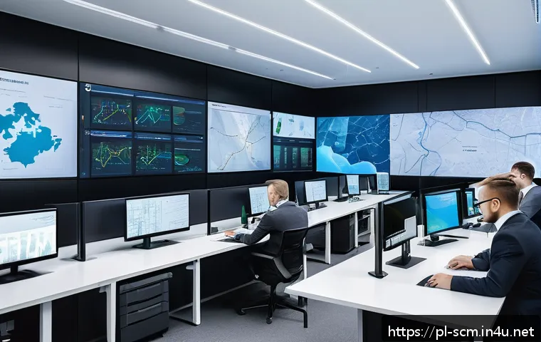 공급망관리와 외부 컨설팅 활용 - A modern logistics control room with a diverse team of professionals analyzing real-time supply chai...