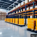 공급망관리와 AI 기반 솔루션 활용 - A modern Polish warehouse interior featuring advanced robotics in action: multiple sleek, automated ...