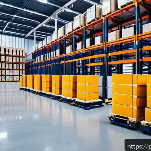 공급망관리와 AI 기반 솔루션 활용 - A modern Polish warehouse interior featuring advanced robotics in action: multiple sleek, automated ...