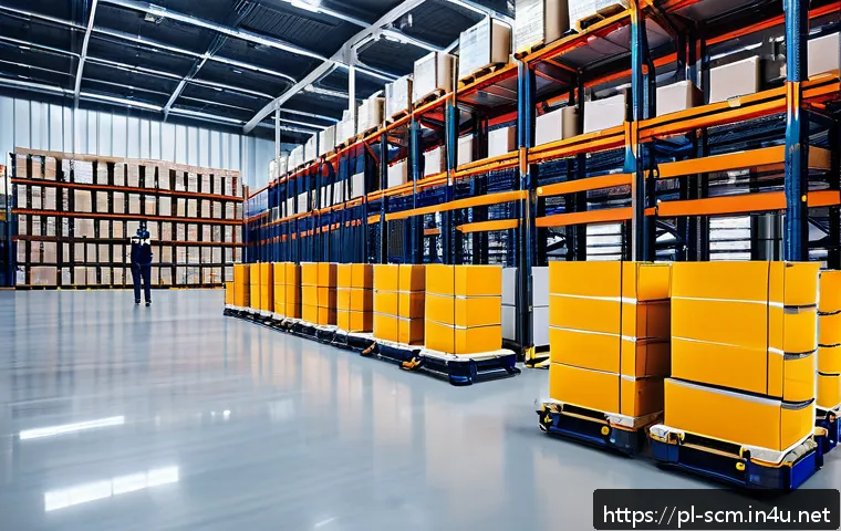 공급망관리와 AI 기반 솔루션 활용 - A modern Polish warehouse interior featuring advanced robotics in action: multiple sleek, automated ...
