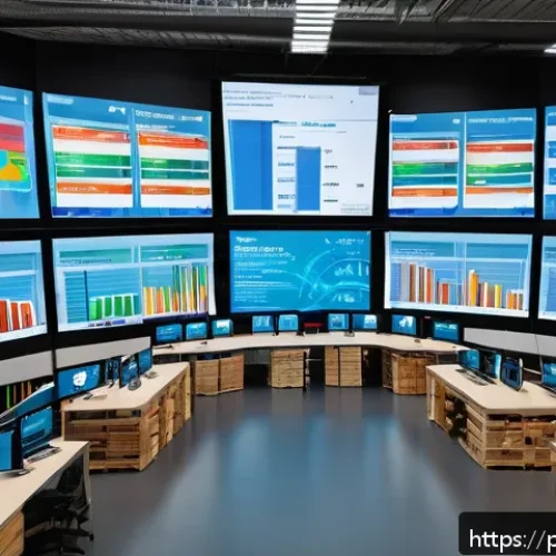 공급망관리와 비즈니스 인텔리전스 - A modern logistics control room in a Polish warehouse, featuring large digital dashboards displaying...