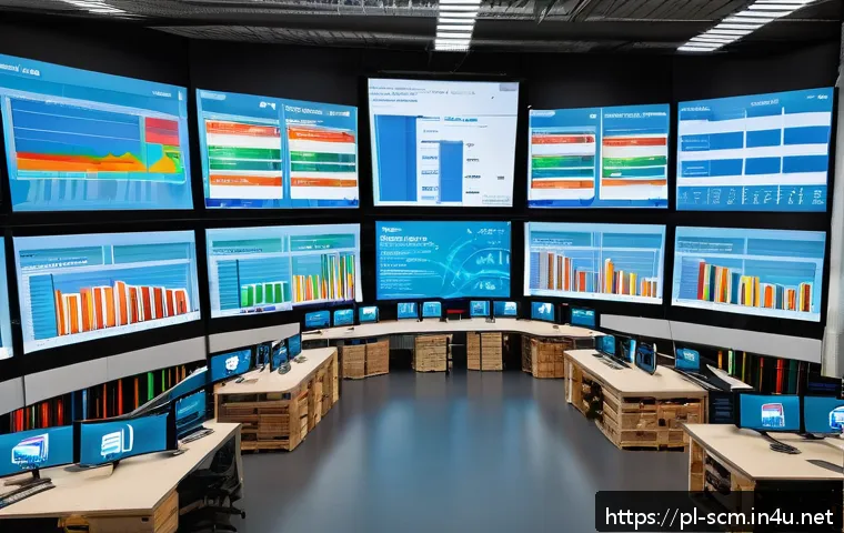 공급망관리와 비즈니스 인텔리전스 - A modern logistics control room in a Polish warehouse, featuring large digital dashboards displaying...