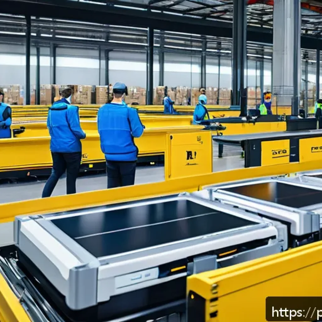 공급망관리와 비즈니스 성과 - A modern logistics warehouse interior showing advanced automation technology in use: robotic arms ef...