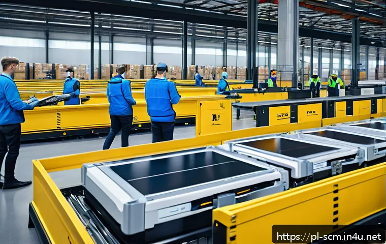 공급망관리와 비즈니스 성과 - A modern logistics warehouse interior showing advanced automation technology in use: robotic arms ef...