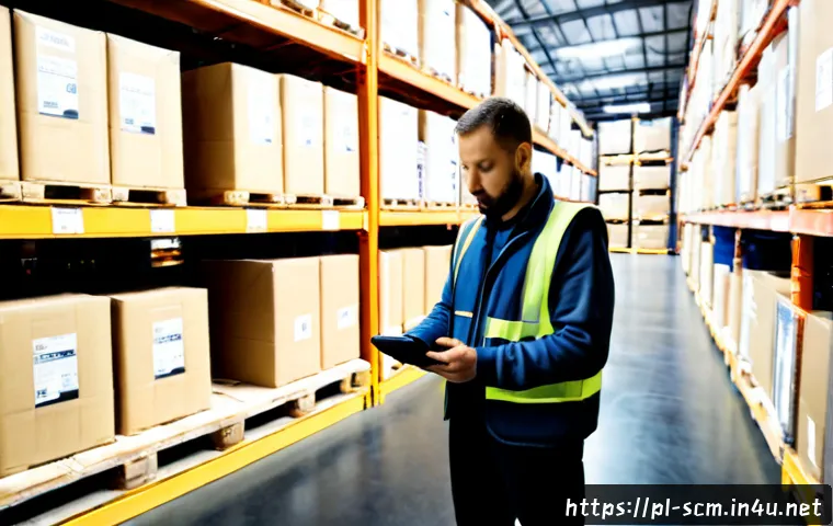 Home 17 공급망관리 실무에서의 재고 관리 기법 - Photorealistic inventory management scene in a modern Polish distribution warehouse, a focused wareh...